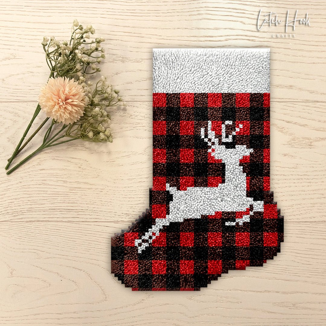 Jumping Reindeer (White) - Latch Hook Stockings Kit - Latch Hook Crafts