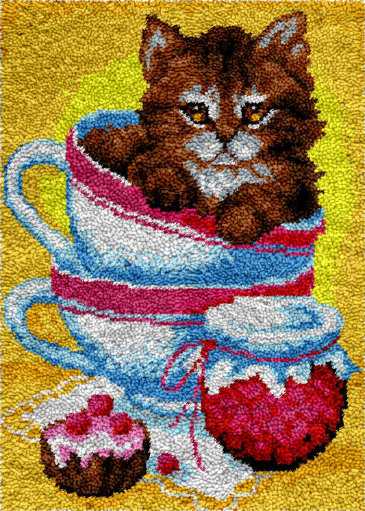 Cups and Kitty - Latch Hook Rug Kit - Latch Hook Crafts