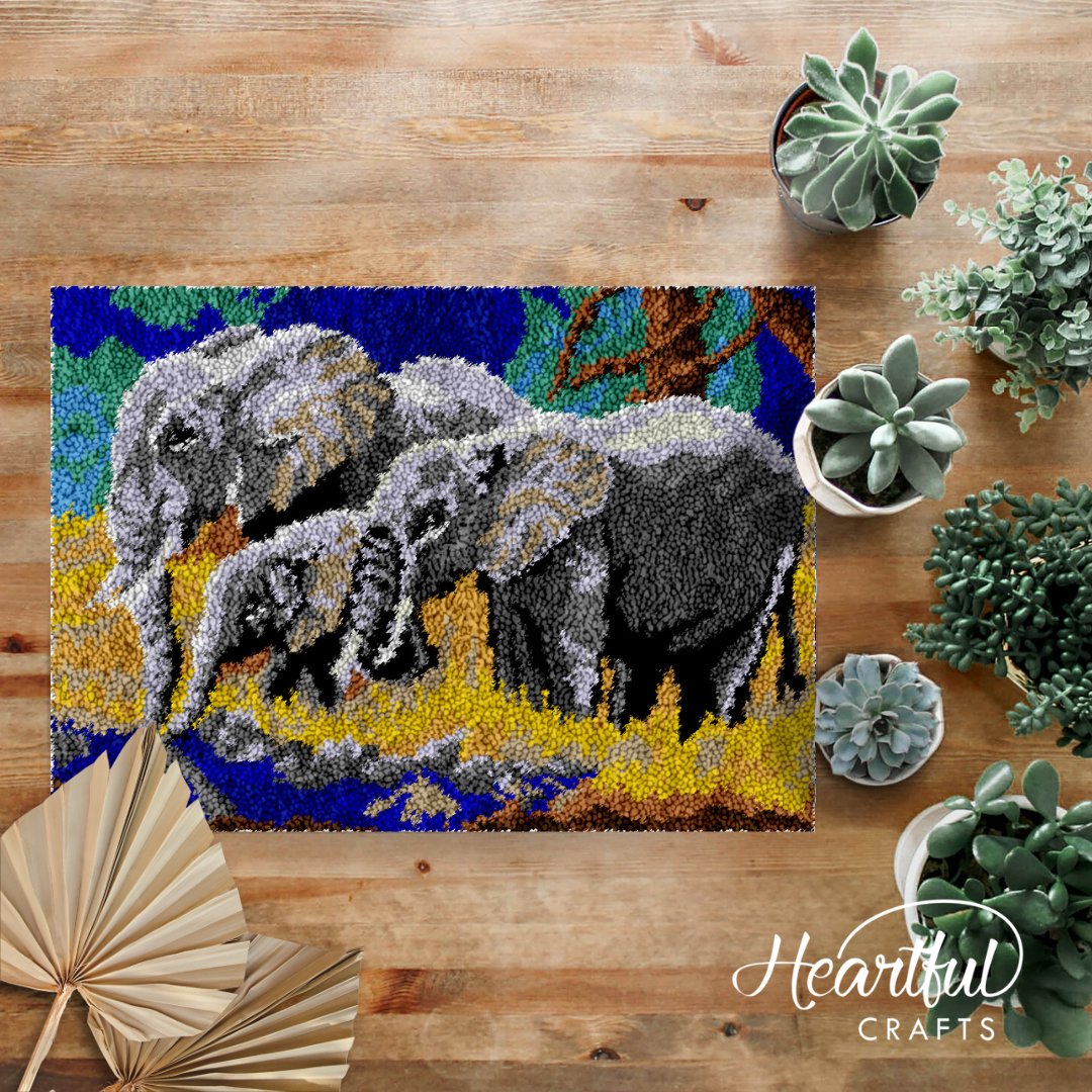 Elephant Family Latch Hook Rug Making Kit - Pre Printed store Canvas With Backing